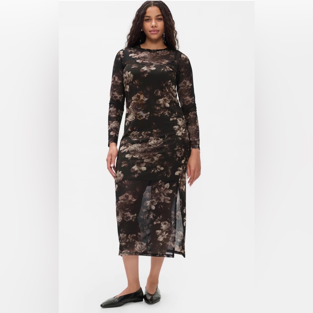 MIDI mesh floral dress -lg, black